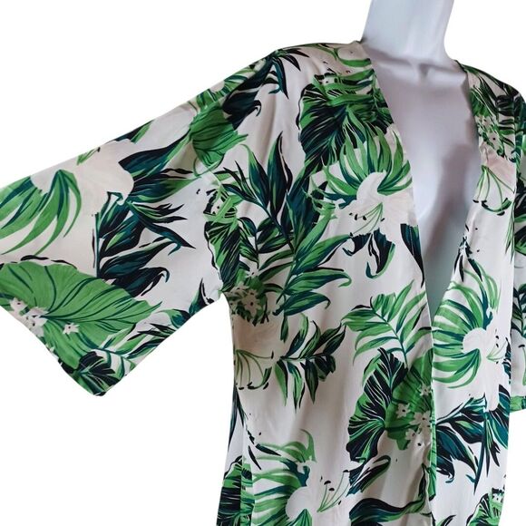 Anandas Collection Green Floral Kimono Cover Up Fringe Hem Free Size Resortwear - Picture 5 of 10